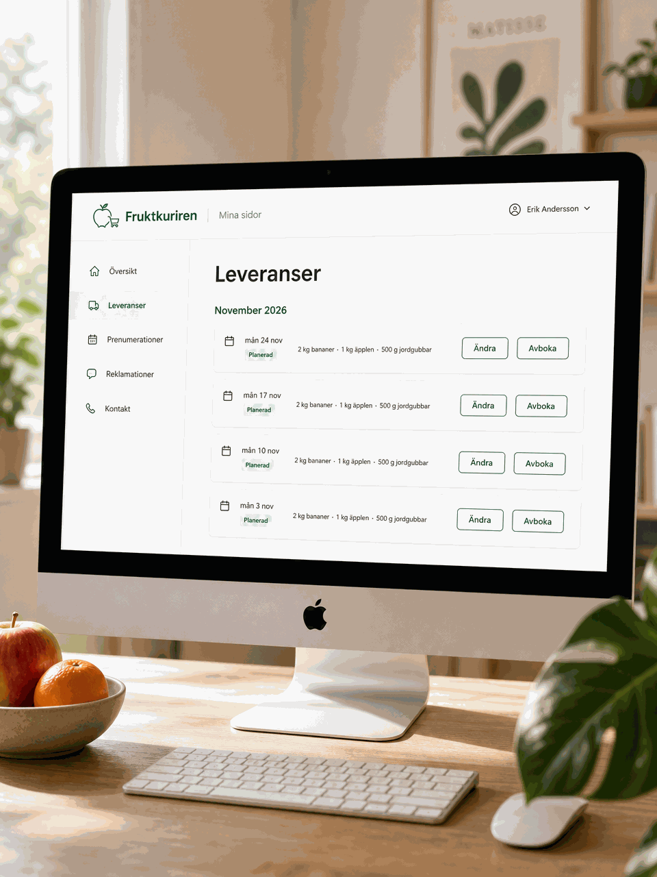 Fruktkurirens kundportal Mina sidor med alla leveranser på en Mac-dator
